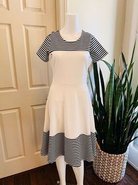 DE Collection Black White Striped Dress Small Fit Flare Stretch